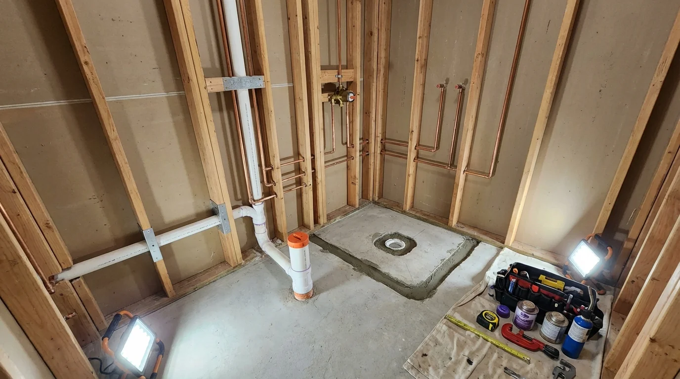 Bathroom rough-in plumbing during remodel by Johns Plumbing LLC in Stearns