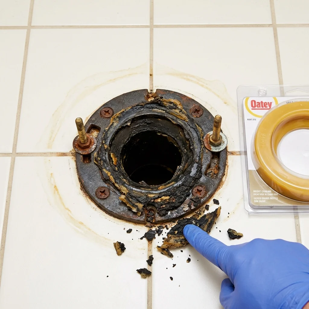 Failed wax ring showing water seepage at the base of a toilet in a Stearns, KY home
