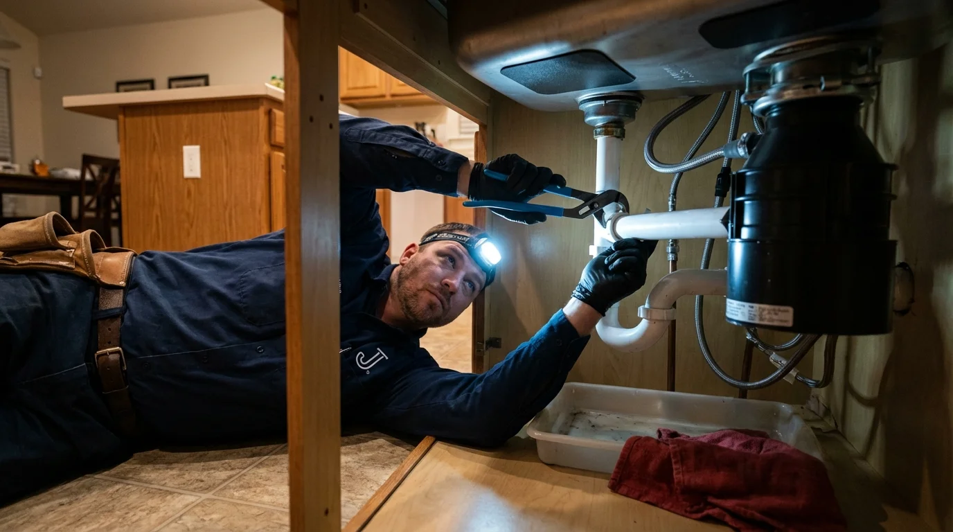 P-trap and supply line connections under a kitchen sink showing a common leak point in Stearns, KY
